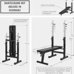 Hantelbank mit Ablage inkl, Langhantel Set Gripper 100 kg