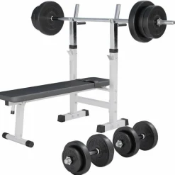 Hantelbank mit Ablage inkl, Langhantel Set Kunststoff 38/70/100 kg