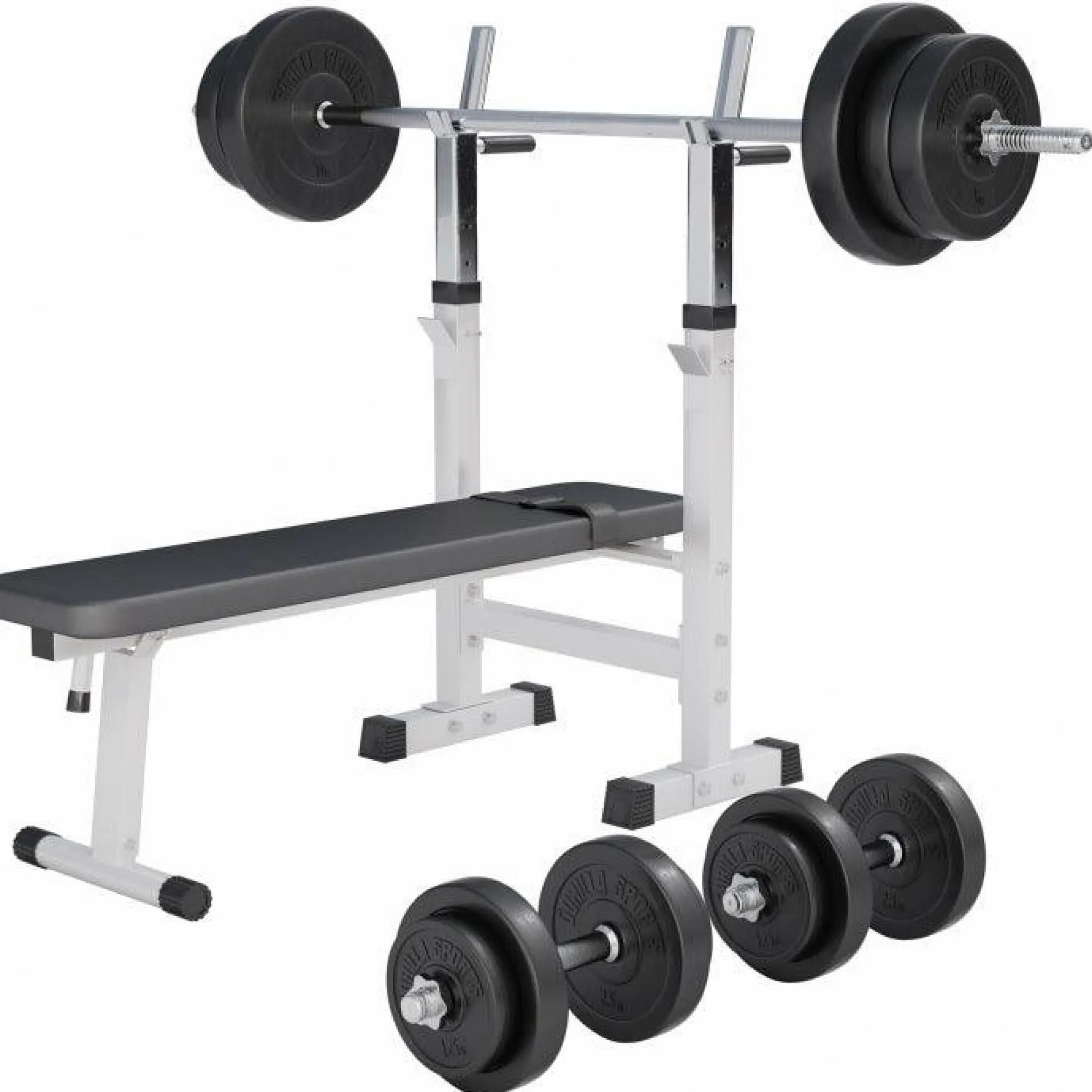 Hantelbank mit Ablage inkl, Langhantel Set Kunststoff 38/70/100 kg