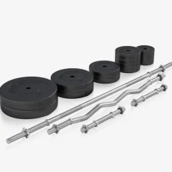 Hantelbank mit Ablage inkl, Langhantel Set Kunststoff 38/70/100 kg
