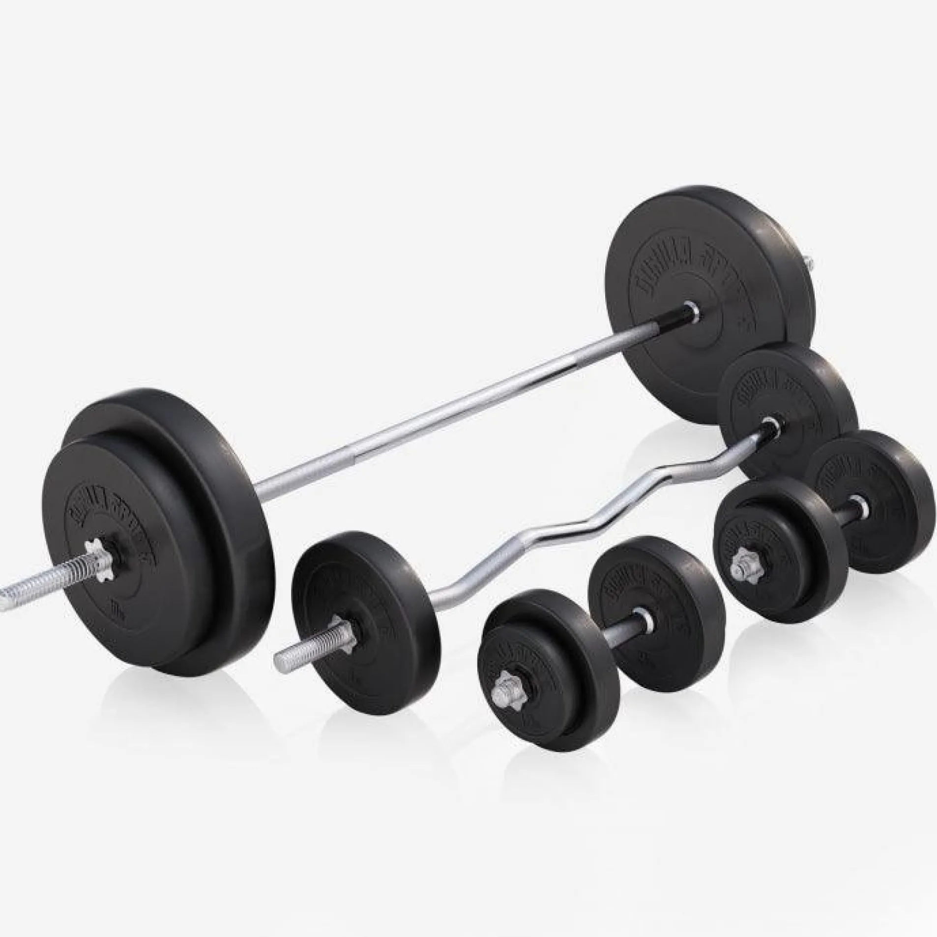 Hantelbank mit Ablage inkl, Langhantel Set Kunststoff 38/70/100 kg