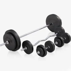 Hantelbank mit Ablage inkl, Langhantel Set Kunststoff 38/70/100 kg