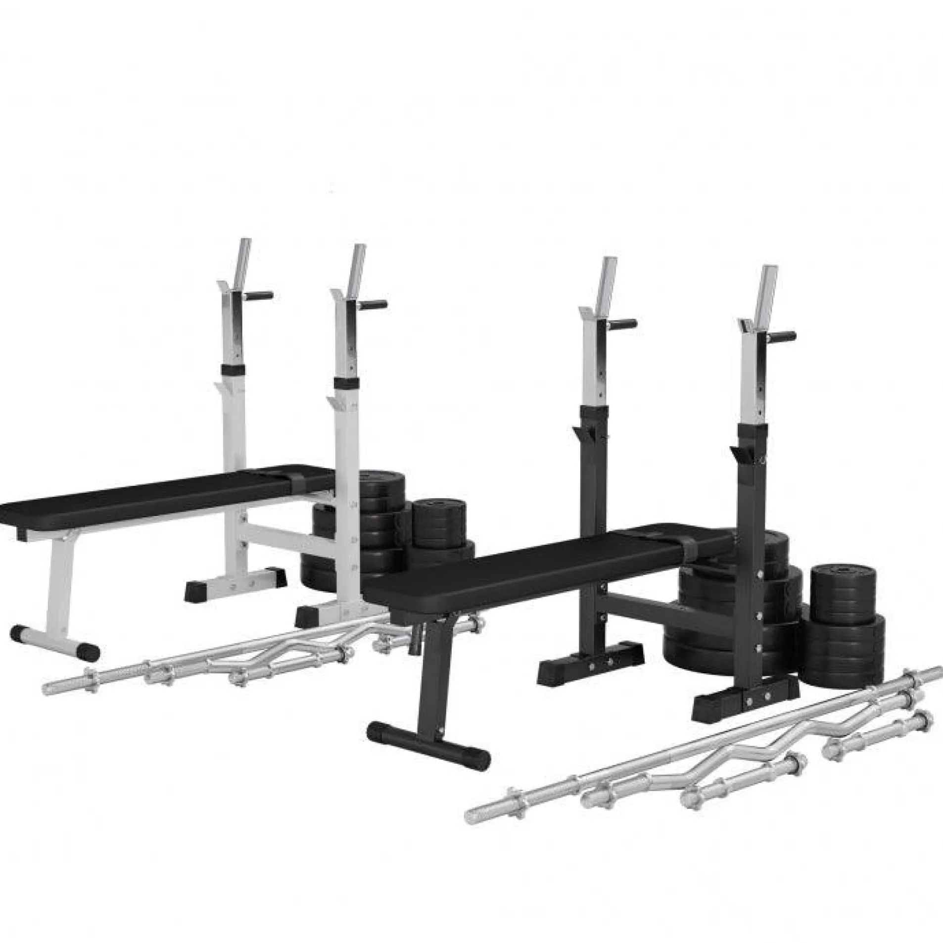 Hantelbank mit Ablage inkl, Langhantel Set Kunststoff 38/70/100 kg