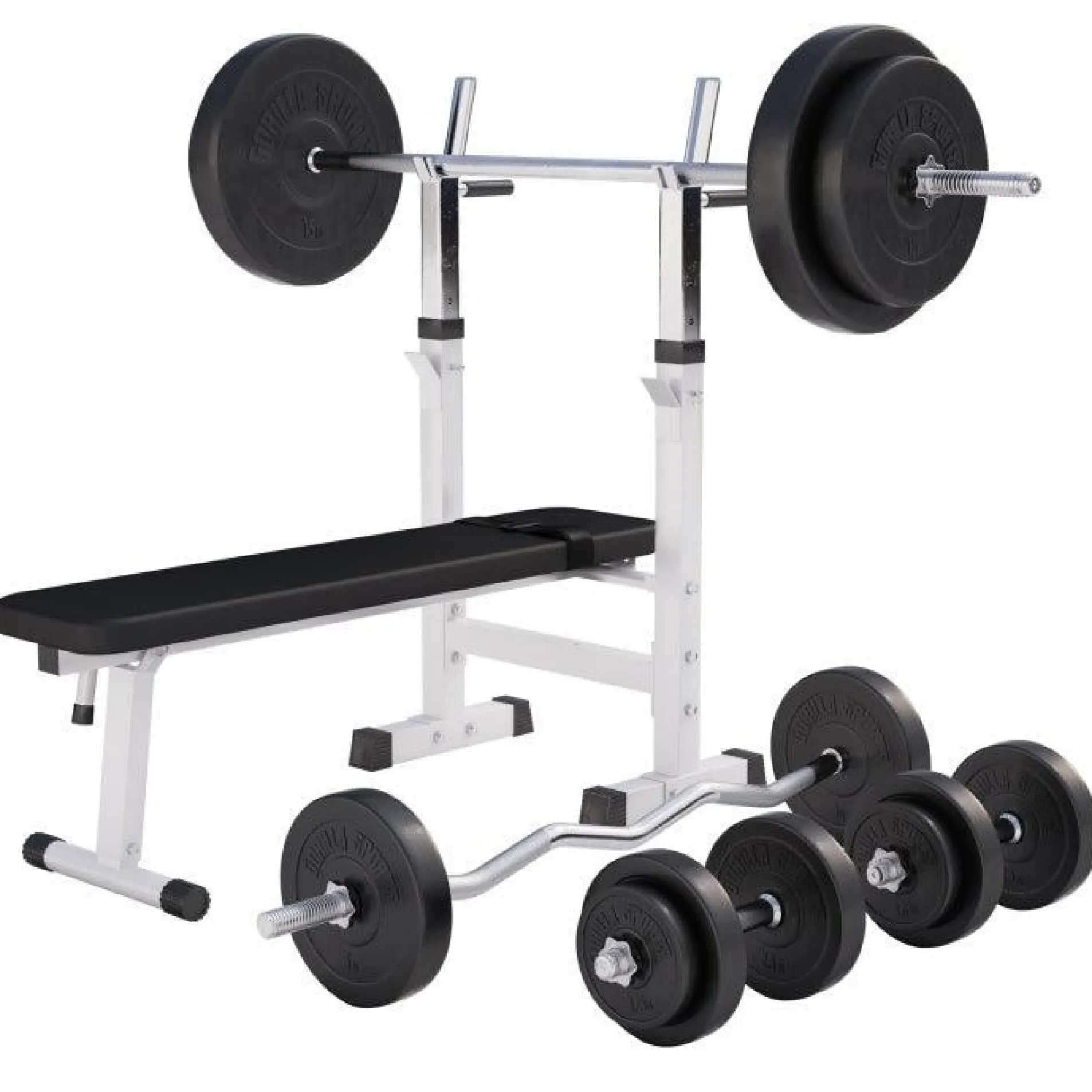 Hantelbank mit Ablage inkl, Langhantel Set Kunststoff 38/70/100 kg
