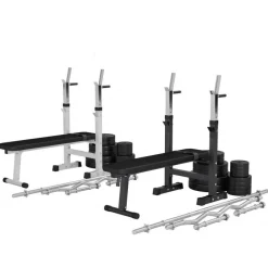 Hantelbank mit Ablage inkl, Langhantel Set Kunststoff 38/70/100 kg