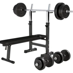 Hantelbank mit Ablage inkl, Langhantel Set Kunststoff 38/70/100 kg