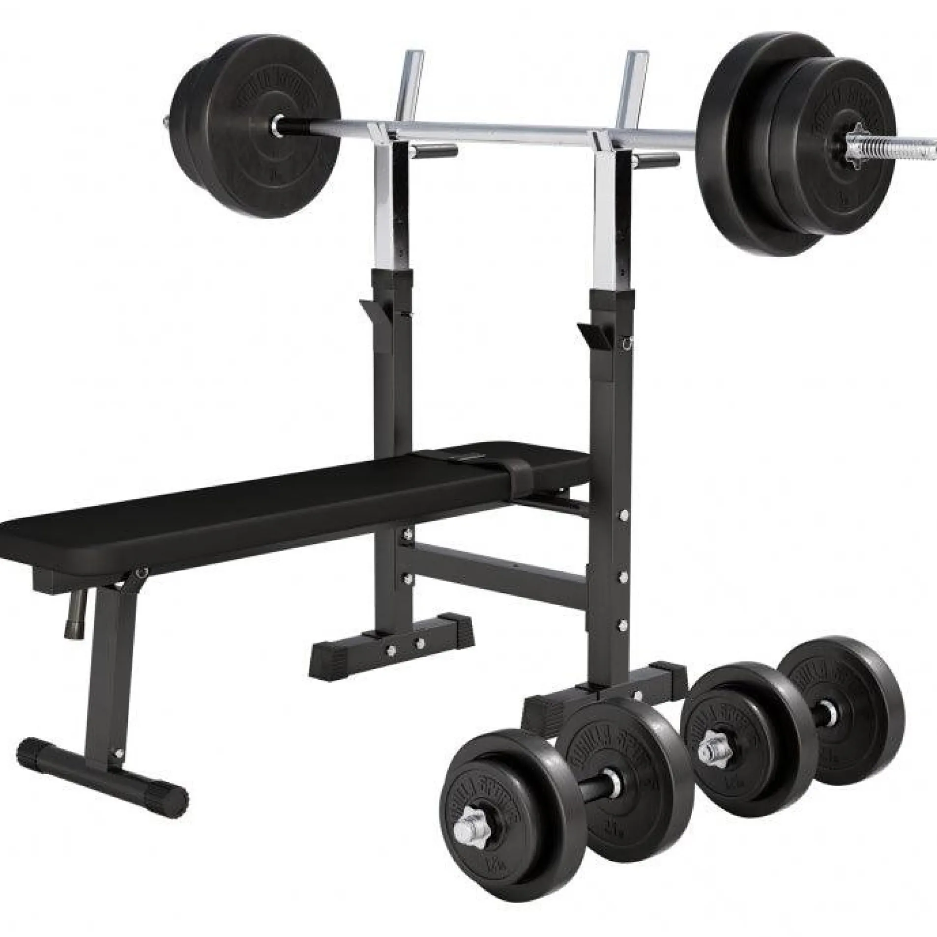 Hantelbank mit Ablage inkl, Langhantel Set Kunststoff 38/70/100 kg