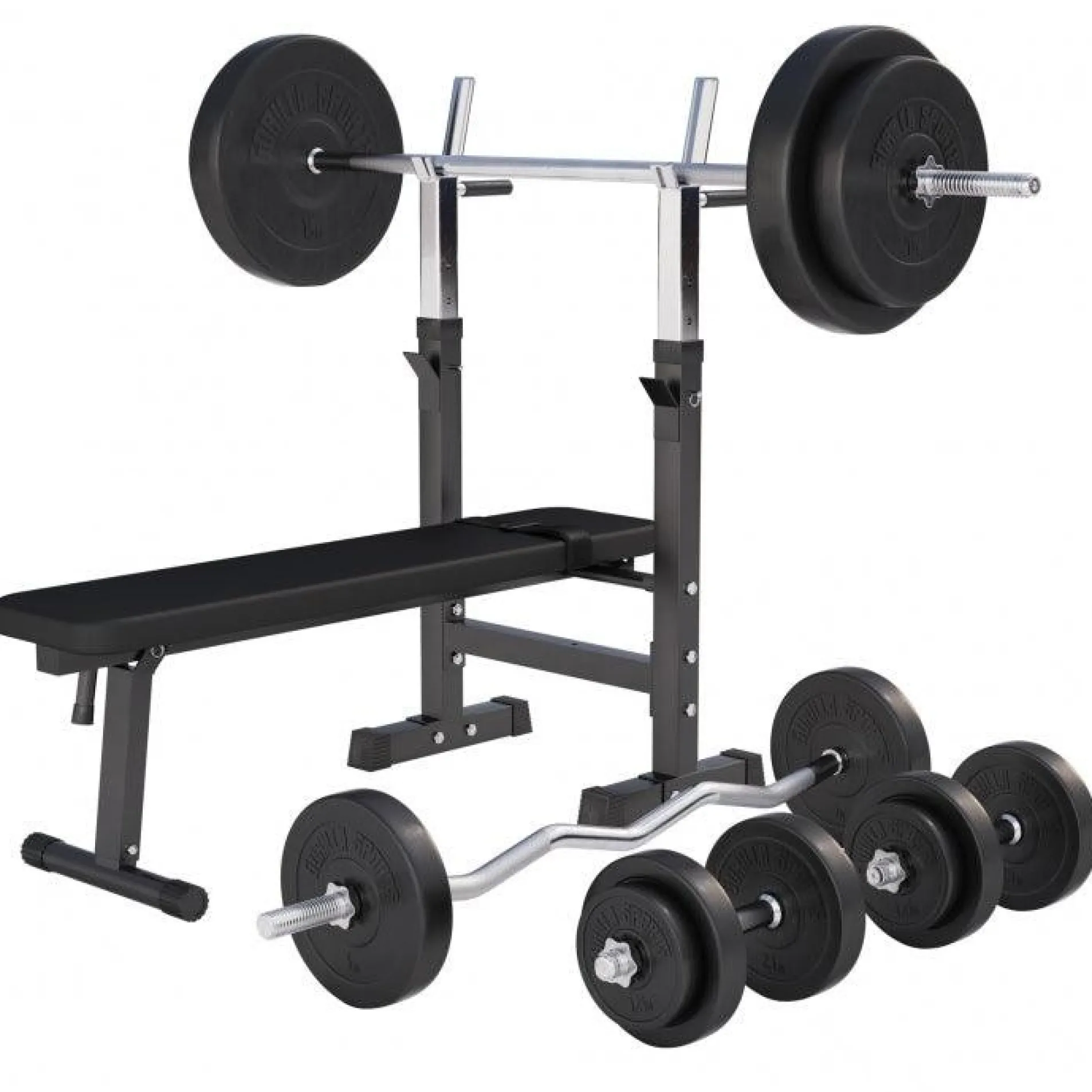 Hantelbank mit Ablage inkl, Langhantel Set Kunststoff 38/70/100 kg
