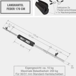Langhantel 170 cm mit Nackenpolster mit Federverschlüssen