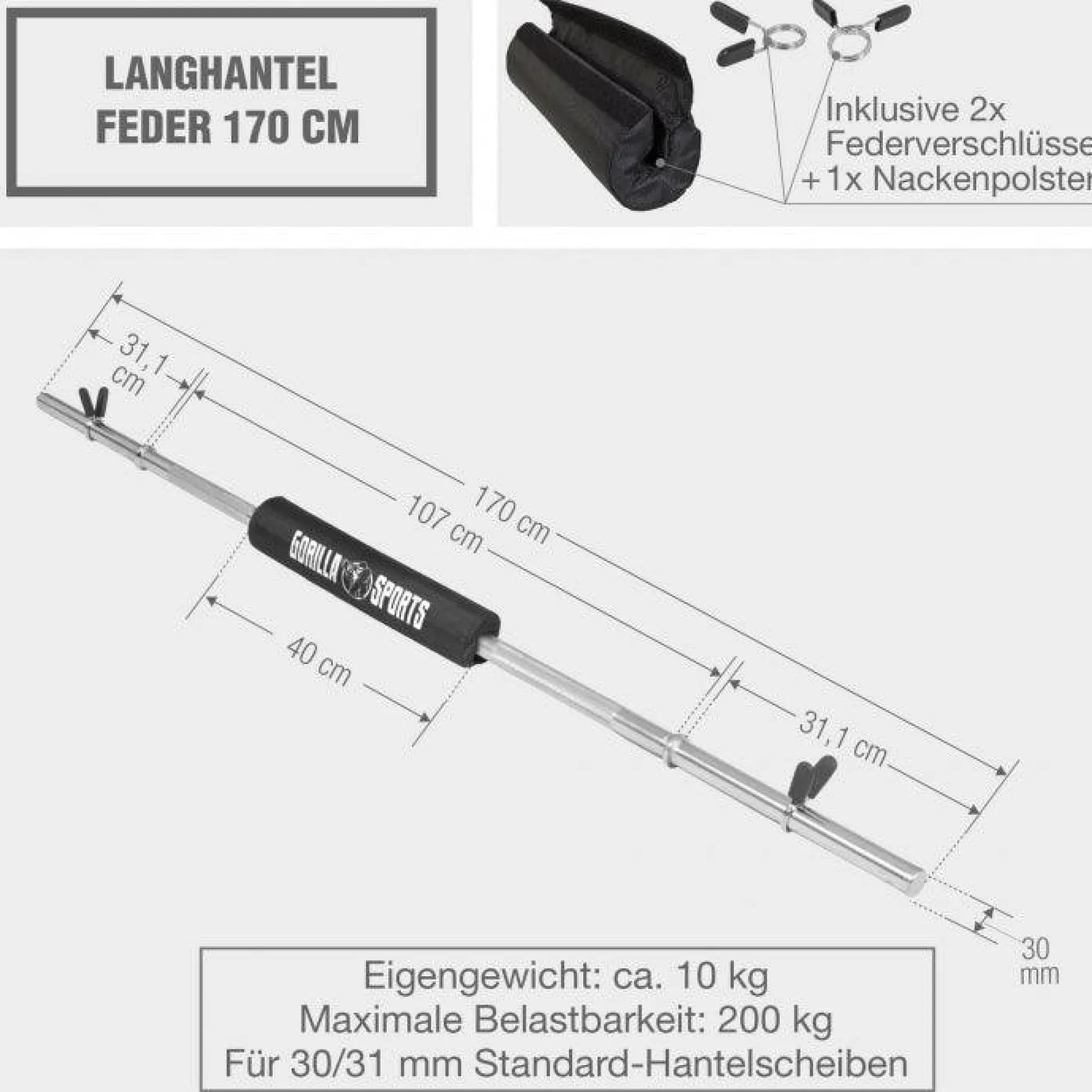 Langhantel 170 cm mit Nackenpolster mit Federverschlüssen