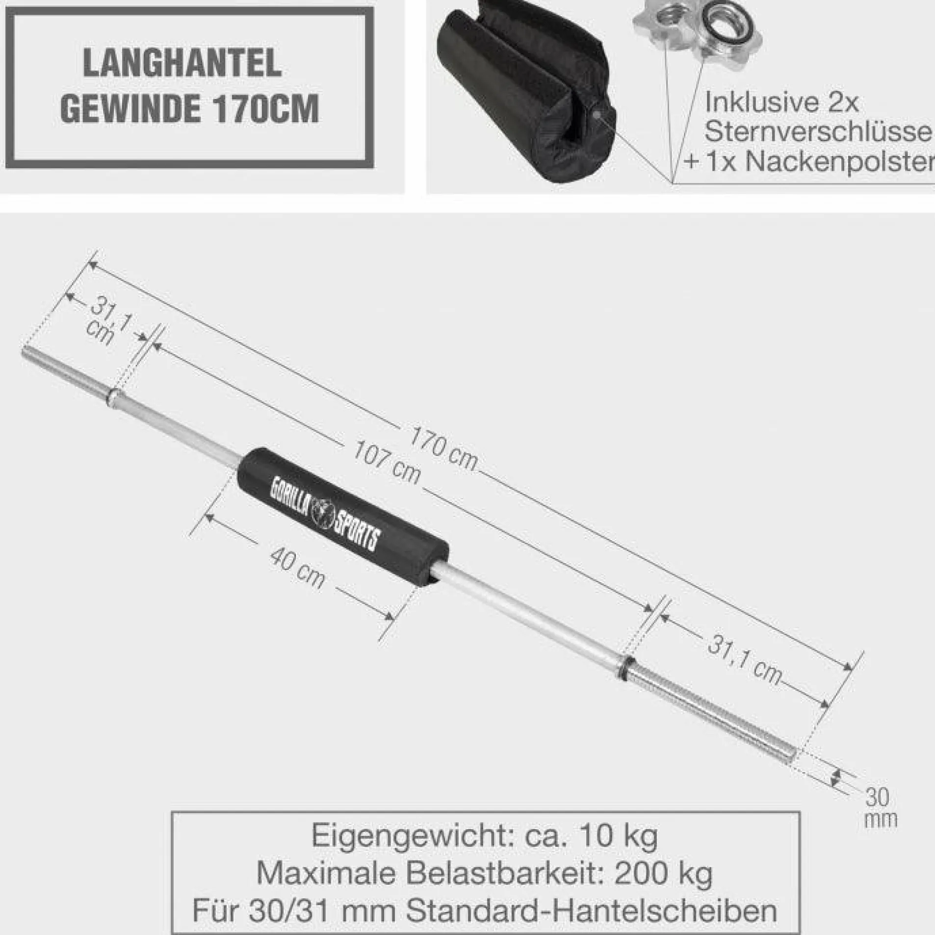 Langhantel 170 cm mit Nackenpolster mit Sternverschlüssen