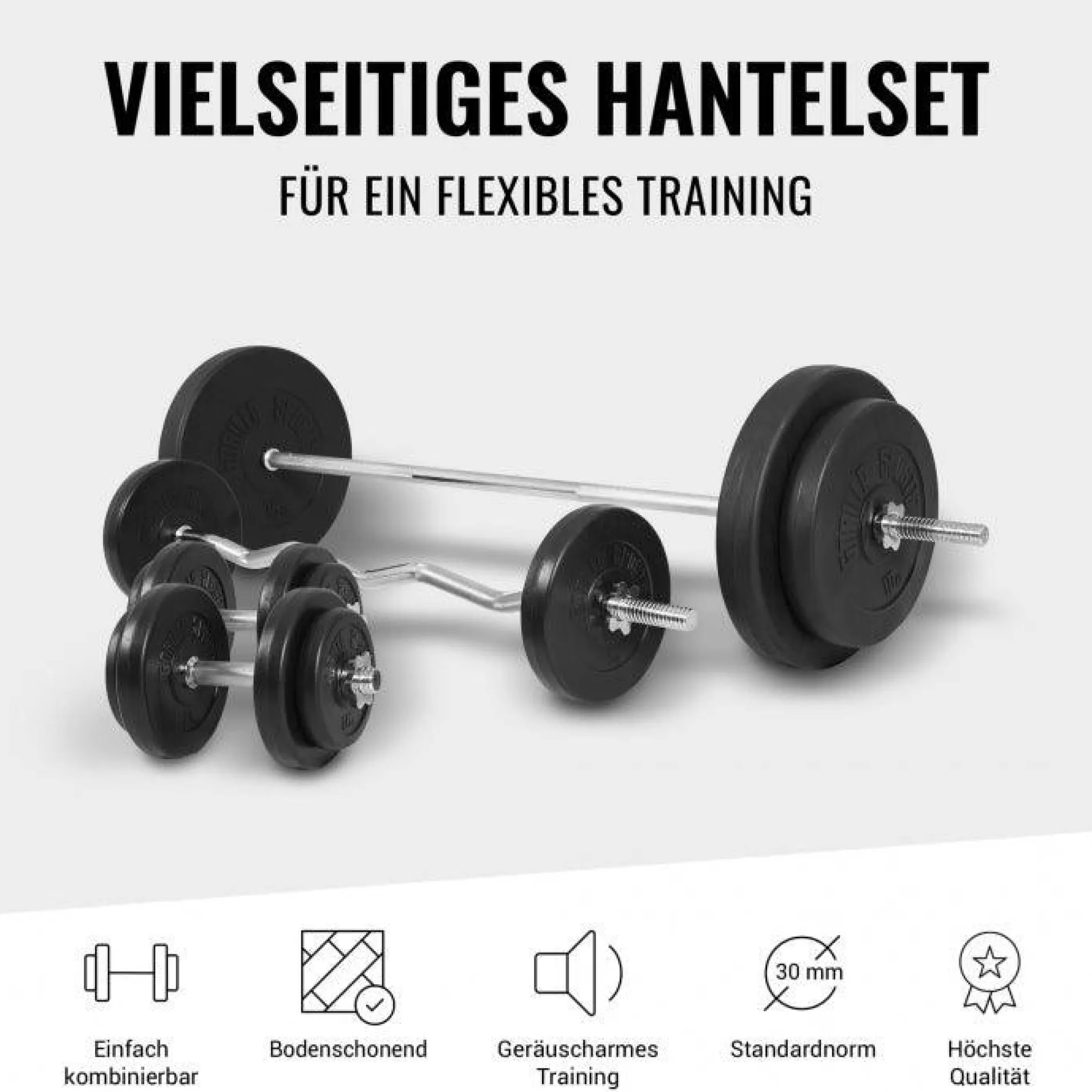 Schrägbank mit separater Ablage inkl, Langhantel Set 100 kg
