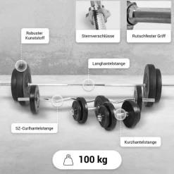 Schrägbank mit separater Ablage inkl, Langhantel Set 100 kg